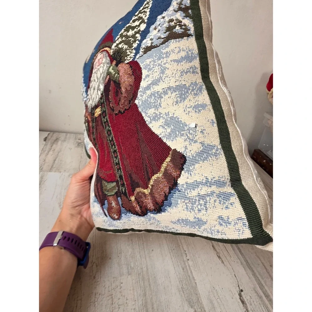 Vintage embroidered father Santa Claus pillow Xmas decor winter scene
